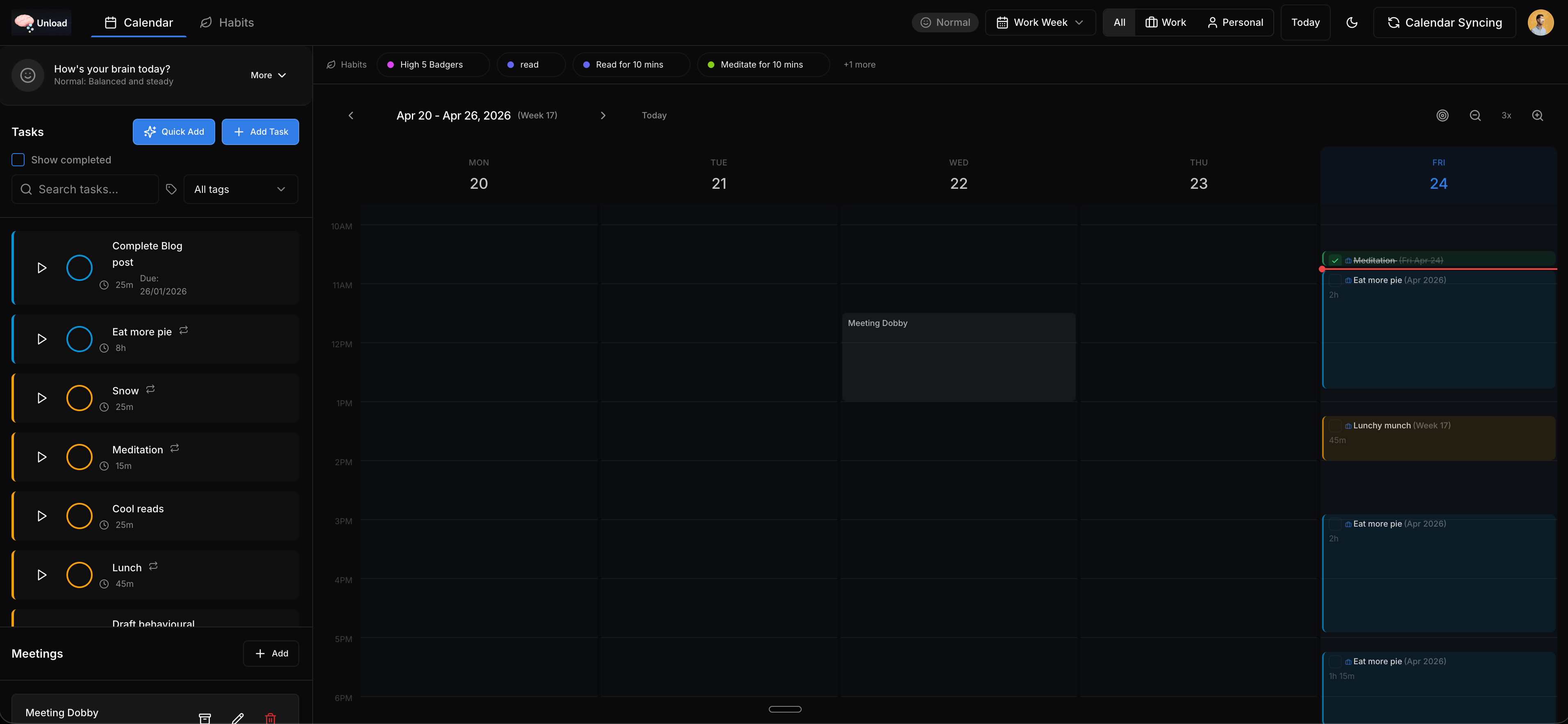 Unload day view — tasks scheduled across a timeline with meetings