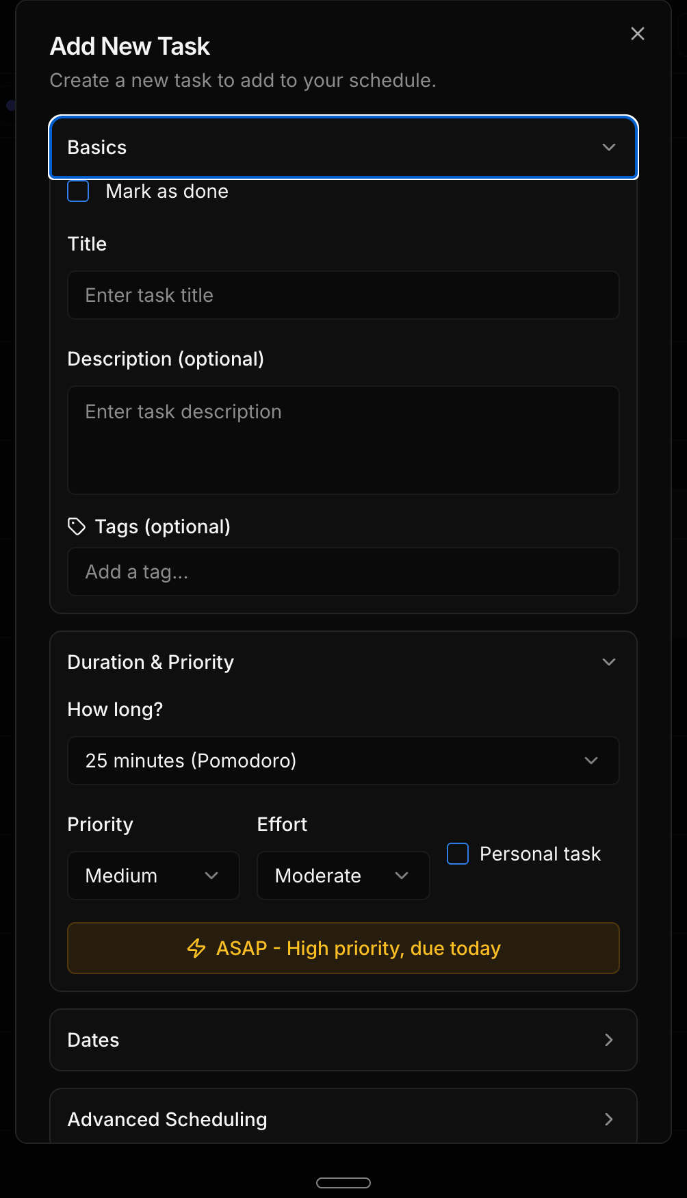 Unload add task form — duration, priority, effort and scheduling in one place